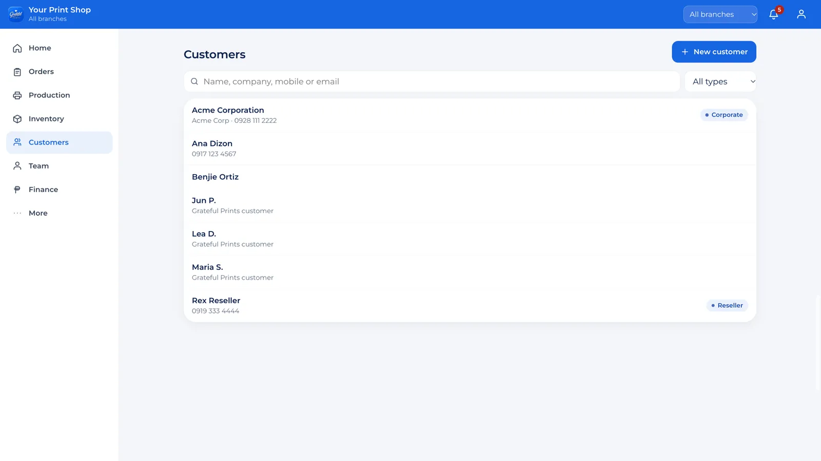 Customer list with corporate, reseller and regular customers