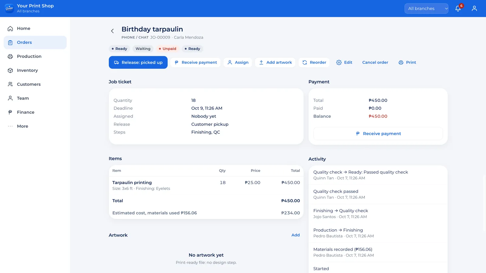 A job ticket with items, deadline, payment balance and activity log