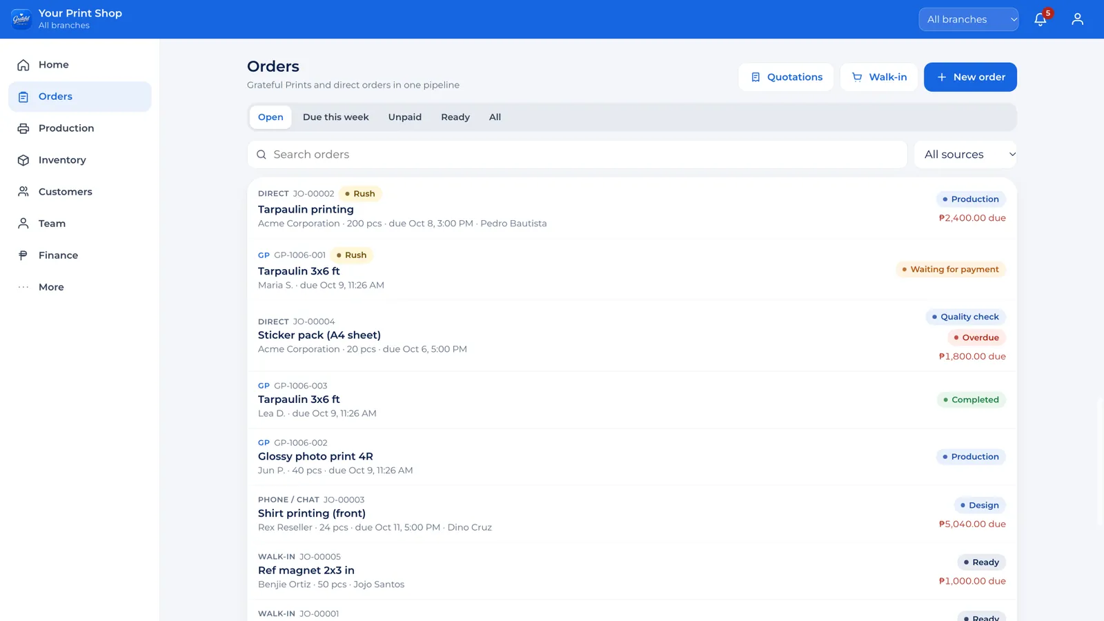 Orders list with stage and payment status for each job