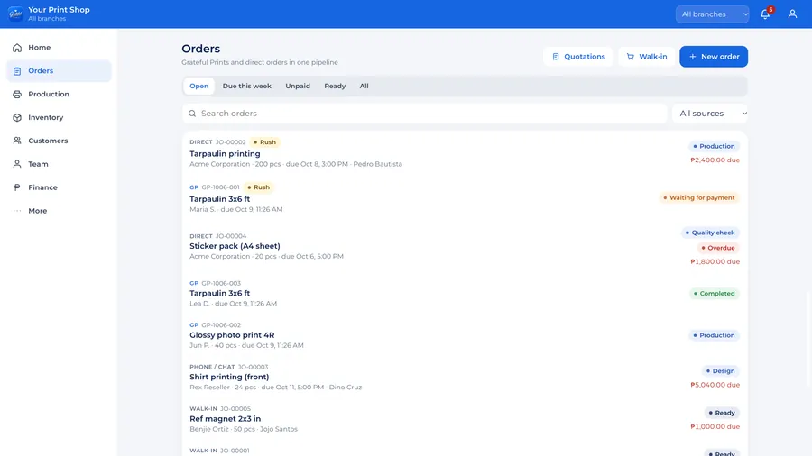 Orders list with stage and payment status