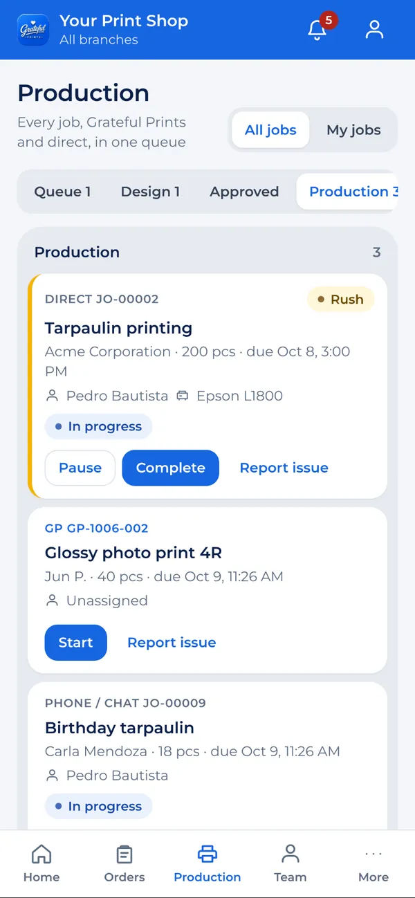 Production screen on a phone
