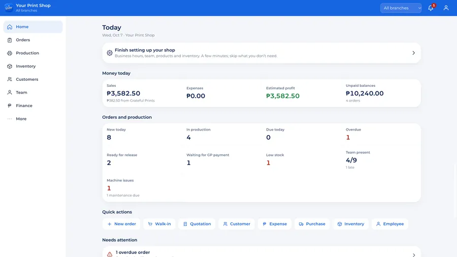 Today screen of GP OS with money, orders and alerts